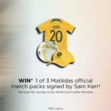 Win 1 of 3 Matilda’s merch packs signed by Sam Kerr thanks to Dymocks Books